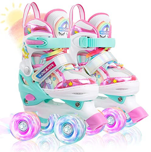 Kinder Einhorn Rollschuhe für Mädchen.Geeignet für 6-12 Jahre alt. Mit Leuchtenden Rädern,4-Pejiijar Verstellbar Anfänger Quad Roller Skates für Weihnachts und Geburtstags Geschenke