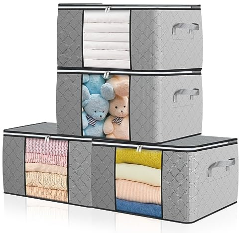 GoMaihe 4 Stück 90L Aufbewahrungstasche Groß, Aufbewahrungsbox mit Deckel Verstärkt Griff, Faltbare Umzugskartons mit Klarem Fenster Aufbewahrung für Kleidung Bettdecken Decke Koffer Organizer Grau