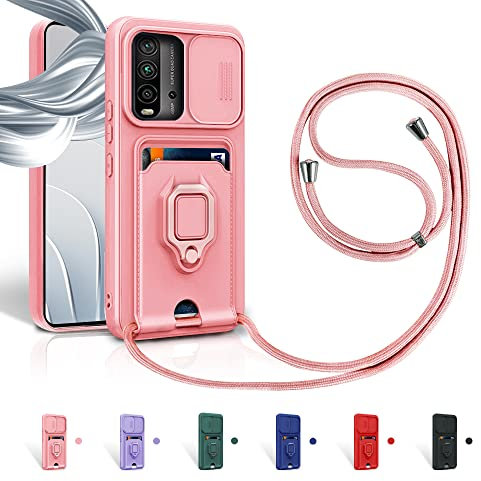 Aithne Funda con Cuerda para Xiaomi Redmi Note 9 4G/Redmi 9T/Redmi 9 Power/Poco M3 Case con Ranura para Tarjetas,360 Anillo función de Soporte Cubierta -Pink