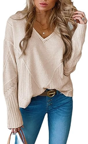 Tankaneo Damen Sweatshirt Strick Pullover Soild V-Ausschnitt Lose Langarm Lose Pullover Tops