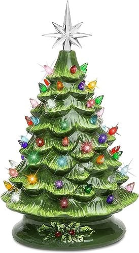 Stronrive Hand Painted Ceramic Tree, 7.4Inch Prelit Tabletop Holiday Decoration With Topper & Multicolor Bulb Lights, Vintage Pine Tree Battery Powered For Home Holiday Decorations