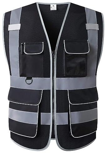 UNINOVA Warnweste für Herren and Damen -Mit 6 Vordertaschen und Reißverschluss, Reflektierende Weste Arbeitsweste EN ISO 20471(DE-Black01,4X-Large-5X-Large)