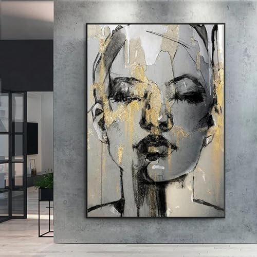 LSYALUCK Wandkunst Bild Leinwanddruck Frauen Gesicht Skizze Gemälde Schwarz und Gold Frau Poster Modern für Wohnzimmer Wanddekoration 80 x 120 cm (32 x 47 Zoll) Rahmenlos
