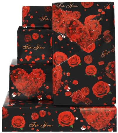 Geschenkpapier für Rosenhochzeit, Schwarz und Rot, Herz-Rosen-Blumenmuster, Geschenkpapier, 4 gefaltete Bögen für Brautparty, Jahrestag, Valentinstag, Geburtstag, Frauen, Muttertag, Liebhaber