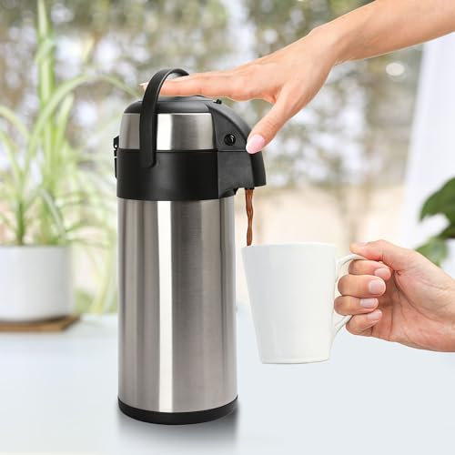3L Airport Vacuum Thermos Jug, Attractive Brushed Stainless-Steel Exterior with Black Trim, Stainless Inner Lining, Anti Spill/Leak Mechanism - Ideal for Catering, Conferences, Outdoor Events (3L)