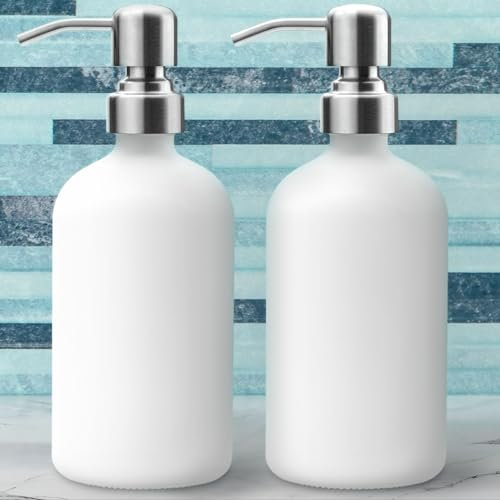 LavaPop Juego de dispensador de jabón (Paquete de 2, Blanco), Botellas de Vidrio con Bomba de Acero Inoxidable y Posavasos de Silicona Antideslizante, dispensadores de jabón líquido para Manos