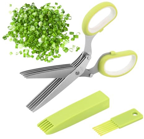 AMDZGLB Ciseaux à Herbes en Acier INOX Ciseaux de Cuisine à 5 Lames avec Couvercle de Sécurité pour Herbes Aromatiques Persil Ciboulette Oignons Basilic Ail Vanille