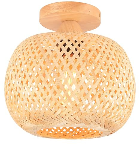 LIGKIN Plafonnier Rétro en Bambou Cage Tissage Lustre Style Bohème E27 Abat-jour en bambou Lampe de plafond Vintage Luminaire Plafonnier pour Chambre Restaurant Cuisine Café, Ø25cm
