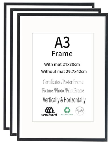 Weikani 3 Pack A3 Black Wooden Picture Frame with A4 Mat, 29.7x42 cm, Collage Frame with Plexi-glass for Wall Mount or Table Top Display