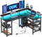 ODK Scrivania Gaming con LED, Scrivania Angolare Reversibile con 2 Prese e 2 Porte USB, Grande Scrivania Gaming Angolare con Ripiano in Rete, Nero Fibra di Carbonio, 150×102 cm