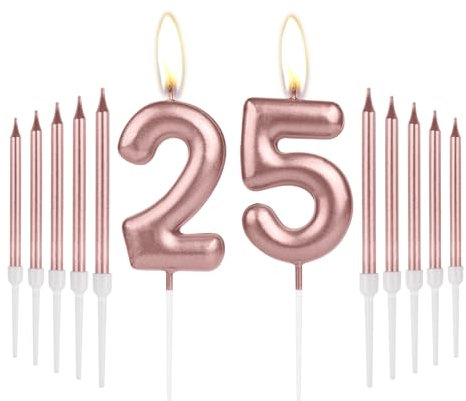 Rose Gold Birthday Number 25 Candles for Girls Women - 25th Birthday Decorations, Rose Gold Candle Cake Topper for Party Anniversary Celebration Supplies
