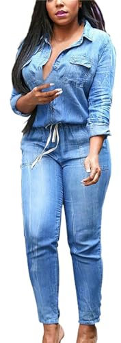 Tuta a maniche lunghe elegante | Salopette da donna jeans lunghi e aderenti | Salopette in jeans, pantaloni lunghi in denim, tinta unita, casual, alla moda, Blu, L