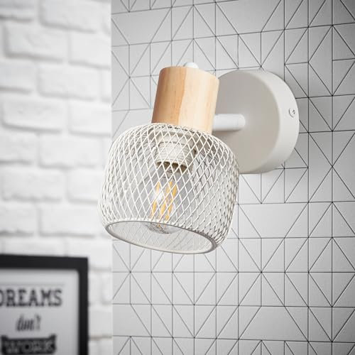 Lightbox Wandspot | 15 x 15 x 10 cm | Wandstrahler mit Gitter Schirm und schwenkbarem Kopf | Basis aus Kiefernholz | E14 Fassung | Schlafzimmer | aus Metall/Holz | in Weiß/Braun