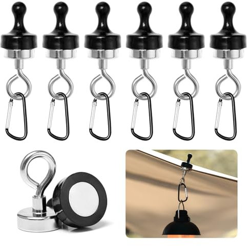 Sxutop 6 Pezzi Ganci Magnetici per Tende Campeggio Magnete Gancio di 30mm Ganci Magnetici Rimovibili Magnete con Gancio Resistente per Tenda Baldacchino Campeggio (Nera)
