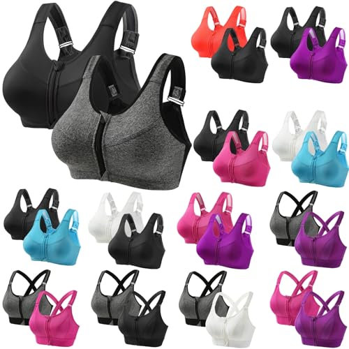 UPOI 2er Pack Sport BH Damen Starker Halt mit Vorderverschluss Große Größe Mesh Gepolstert Klassische BHS Push Up BH mit Verstellbarem Sports Bra Top Bustier für Alltag Yoga Lauf Joggen Reiten