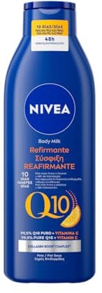 NIVEA Q10 Body Milk Reafirmante (1 x 250 ml), crema hidratante corporal 72h para piel seca, crema reafirmante corporal con Collagen Boost Complex, Vitamina C y Q10 puro