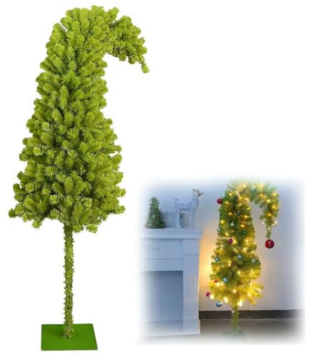 Albero di Natale artificiale stravagante, albero di Natale verde tenero con collo storto con luci, albero di Natale pieghevole con base in metallo, per feste di Natale, casa, ufficio, decorazione