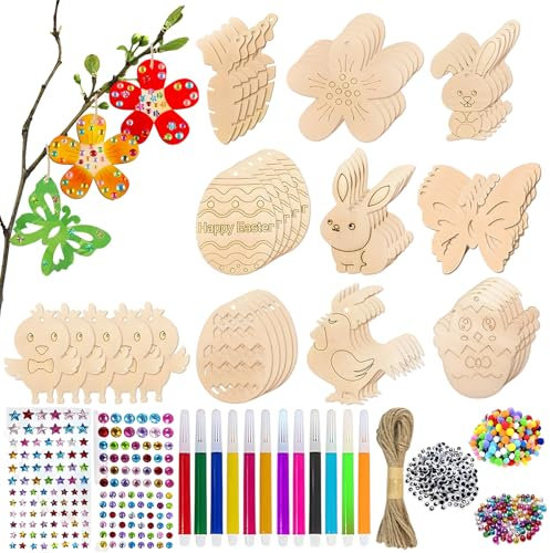 CIYIN Ostern Holz Bastelset Kinder, 264 Stück Holzanhänger Ostern Zum Bemalen, Osteranhänger Holz, Osterdeko Basteln Kinder, Holz Osterdeko mit Loch Hanfseil, Hasen und Eier Osterdeko Basteln