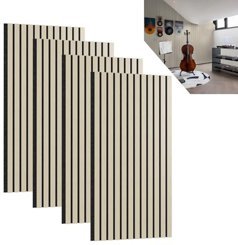 ACXIN 4er Set Akustikpaneele Holz 3D Holzpaneele Wand Eiche Echtholz-Furnier auf Akustik-Filz 120 x 60 cm Lamellenwand Wandpaneele Wandverkleidung Akustikplatten für Flur Wohnzimmer Büro, Holzfarbe