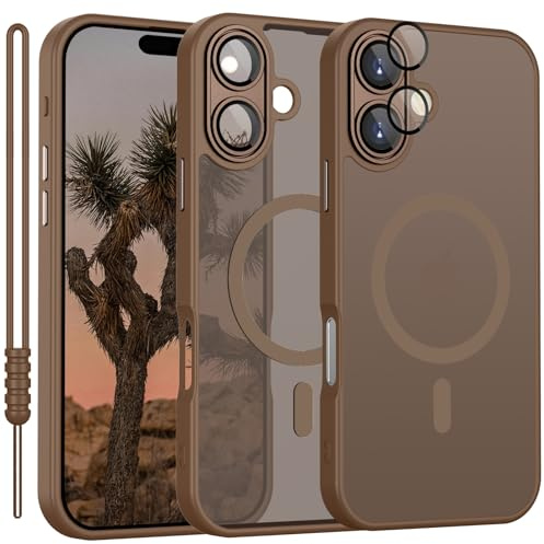 YUANDMI Coque magnétique pour iPhone 16 Plus, Coque translucide avec MagSafe, Silicone anti-dérapant, Résistant aux rayures, Marron