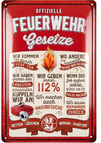 LANOLU Retro Blechschild Feuerwehrgesetze - Feuerwehrmann Geschenke für Männer, Geschenkideen für Männer, Feuerwehr Deko Schild - Metallschild mit Spruch in 20x30cm