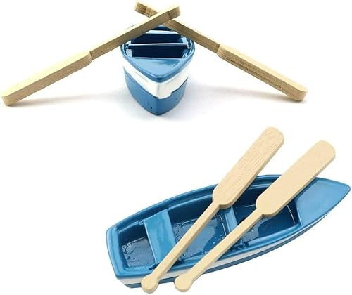 Saim 2 Sets Mini Rowboat Tiny Wooden Boat with Oars, Resin Boat Canoe Model for Miniature Cake Topper Decoration Fairy Garden Accessories