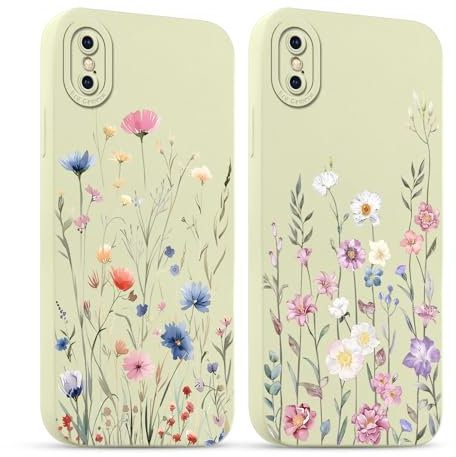 Phoona 2 Stück Handyhülle für iPhone X/XS Hülle 5.8,Beige Blumen Aesthetic Muster Design Weiche TPU Ultra Silikon Schutzhülle Kratzfeste Stoßfest Kameraschutz Bumper Case für Mädchen