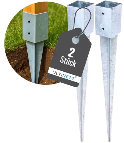 Ultiness® Pfostenträger für Holzpfosten Einschlaghülse 70x70/90x90 wetterfeste Bodenhülse aus Stahl Feuerverzinkt - Stabile Pfostenanker im Außenbereich - Einschlagbodenhülse (2 St., 91 x 91/750 mm)