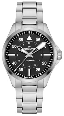 Hamilton Khaki Aviation Pilot Automatic Men's Watch, 39mm Stainless Steel Case, Swiss Made, Black Dial Analog Wrist Watch, 100m Waterproof, Sapphire Crystal, 3-Hand Movement, Stainless Steel Strap