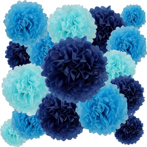 BestoFun 16 PCS Navy Blue Party Decorations Tissue Paper Flowers Pom Poms Decorations for Girl Groovy Birthday Baby Shower Wedding Bachelorette Room Wall Hanging Décor