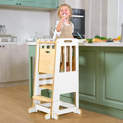 WINGYZ 3-Fach Höhenverstellbar Learning Tower aus Holz für Babys ab 1+ ah, Tritthocker für Kinder Lernstuhl mit Anti-Kipp-Struktur Anti-Rutsch-Streifen für Küche Badezimmer Wohnzimmer (Weiß)