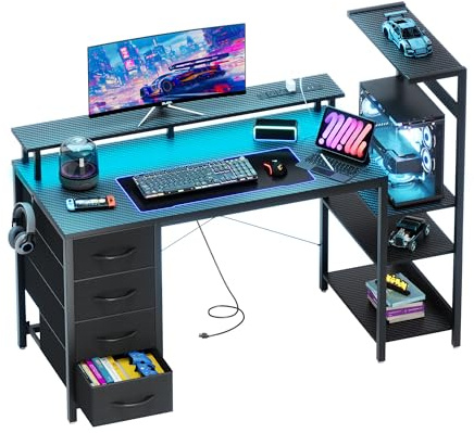 51 Inch Gaming Desk with Drawers & PC Tower Stand & LED Lights, Black