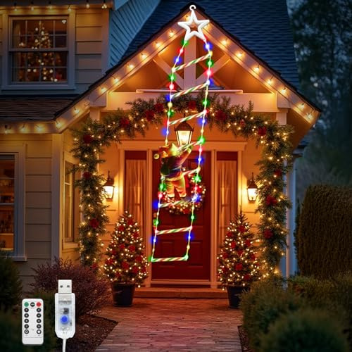 WoskjXas 2 Meter Luci Scala di Babbo Natale 124 LEDs Scala di Luci con Babbo Natale 8 Modalità Funzione Timer e Memoria, Luci Natalizie per Esterno, Interno, Giardini