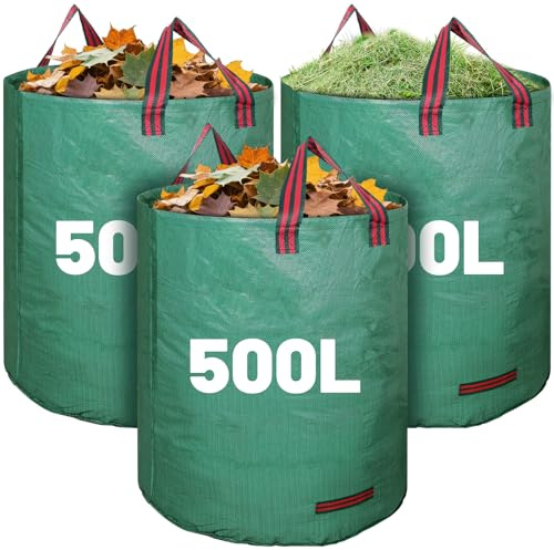 3 Pack 500L Large Garden Waste Bags with Handles, Heavy Duty Bin Bags | Reusable yard waste bags, leaf collector bin bags, garden sacks with handles for collecting plant waste grass and Leaves