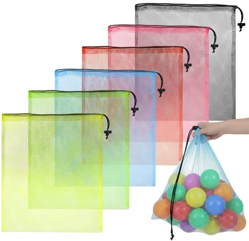 APLZGMG 6 Pcs Mesh Drawstring Bags, 16 x 14 Inch Colorful Nylon Storage Bags, Large Mesh Clothes & Travel Organizer for Beach Toys, Sports & Gym (Multicolor)