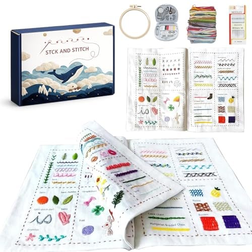 Chingcoo Stickerei Set Anfänger, Tragbar Sticken Stickset Erwachsene, Leinenstickbuch mit einer Vielzahl von Mustern mit Stichanleitung, Nähwerkzeugen und Videos