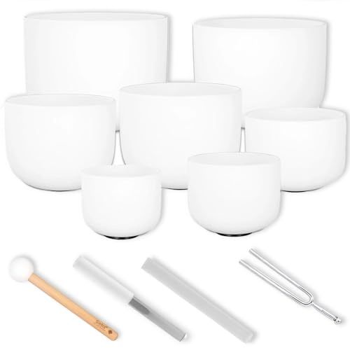Sela SECF Set 7-Piece Singing Bowl Set Crystal Singing Bowl Frosted 440 Hz with Keepdrum Tuning Fork