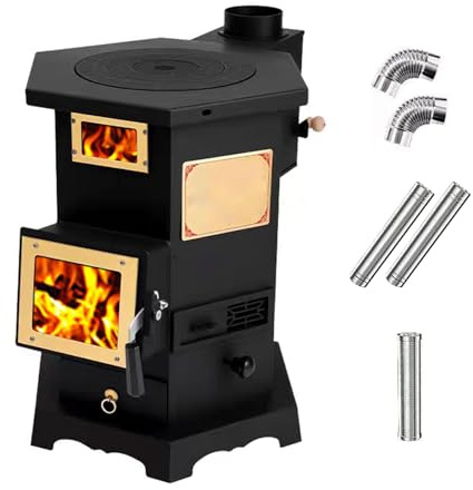 Mini Holzofen, Kaminofen Holzofen mit Schornstein und Backofen, Camping Ofen, Gusseiserner Innenauskleidung, Zum Beheizen Von Hütten und Zelten