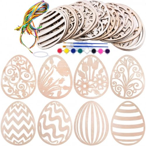 24 Stück Osteranhänger Gestalten Osterdeko, Holz Ostereier Frühlingsdeko | Oster-Dekorationsset, Osterdeko Ostern Holzanhänger mit Acrylfarbe für Frühlingsdeko