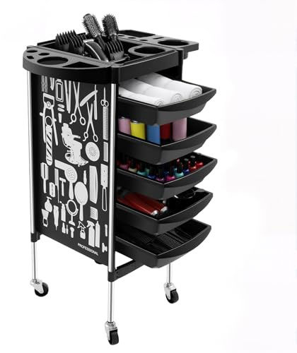 Chariot de coiffure noir avec 5 tiroirs, capacité de charge de 80 kg, roues pivotantes à 360° et tablette amovible - Matériau PP
