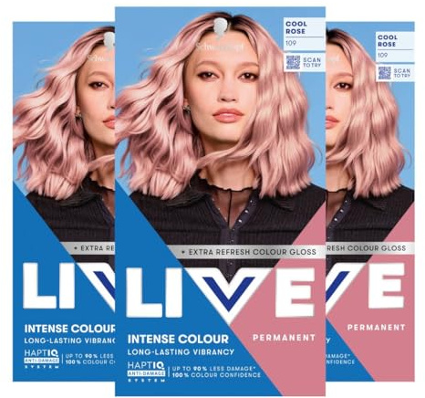 Schwarzkopf LIVE Intense Permanent Hair Colour Cream 109 Cold Pink (Chladná růžová) – High-Pigment Pastel Pink Hair Dye for All Hair Types, Long-Lasting Vibrant Colour & Shine, 60 ml PACK OF 3
