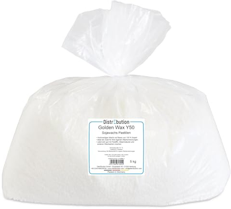 DistrEbution Golden Wax Y50 Sojawachs Pastillen - 5kg Rohwachs für Wachsmischungen, Veganes Kerzenwachs Pellets für Kerzenherstellung