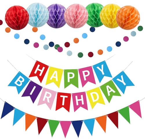 Premium Wiederverwendbare Geburtstags Deko für Geburtstags Party | Geburtstag Deko Set, Faschingsdeko zum Aufhängen mit Happy Birthday Girlande, Wimpelkette, Wabenbällen & hängenden Girlanden