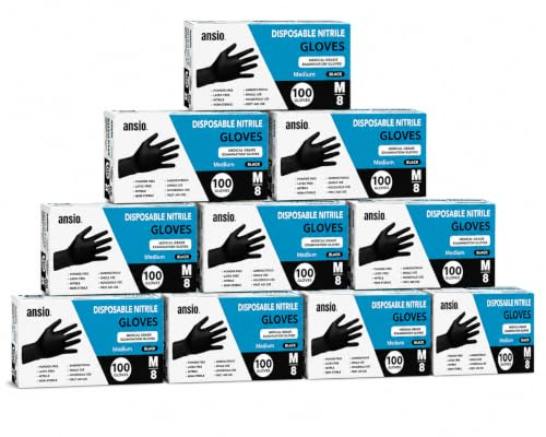 ANSIO Black Nitrile Latex Free Disposable Gloves Medium, 1000 Pack | Powder Free, Food Safe, Touchscreen Compatible, Cleaning, Food Prep, Hair Dye & DIY