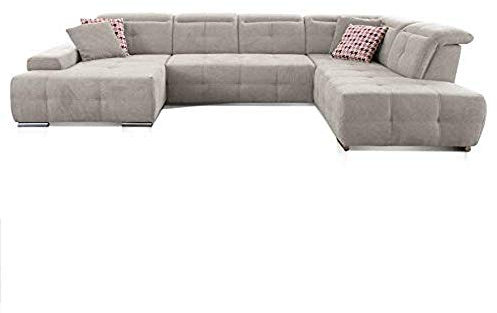 CAVADORE Wohnlandschaft Mistrel mit Ottomanen rechts / XXL-Sofa in U-Form / Inkl. Kopfteilverstellung / Couch mit aufwendiger Steppung / 343 x 77-93 x 228 / Kati Grau-Weiss