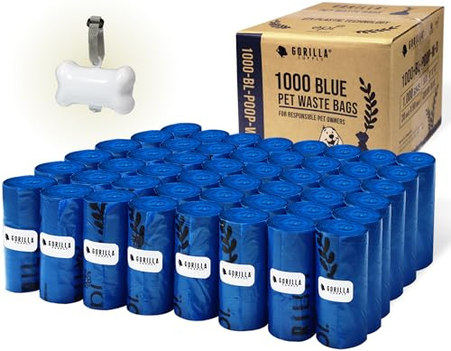 GORILLA SUPPLY 1000 Dog Poop Waste Bags with Dispenser and Leash Tie, 9 x 13, Blue, 1000 Count