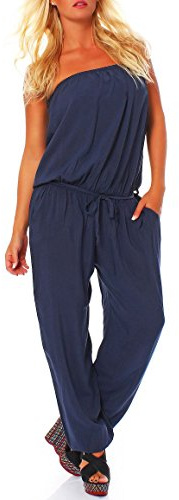 malito - Damen Jumpsuit - langer Einteiler - Overall Carmen Ausschnitt - Hosenanzug Uni - Romper Leo-Print 4538 (XS-L)