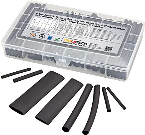 Set de 142 piezas de tubo termorretráctil 3:1 negro con pegamento interno. Longitud total de 8,3 m en una práctica caja. De ISOLATECH