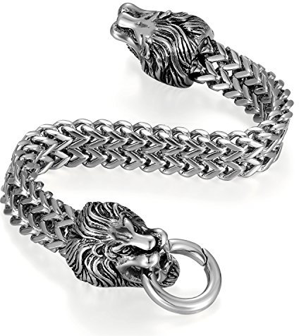 Flongo Herren Armband, Groß Armband Armreif Cuban Gliederkette Francokette Armkette Löwenkopf Fahrradkette Motorradkette Gold Silber Biker Männer Accessoires Herrenschmuck