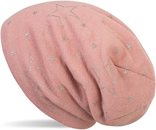 styleBREAKER Damen Feinstrick Beanie Metallic Sterne Print | Slouch Passform, wärmendes Teddyfleece Innenfutter, Bundweite 26 cm, Höhe 29 cm, elastisch für bis zu 59 cm Kopfumfang.